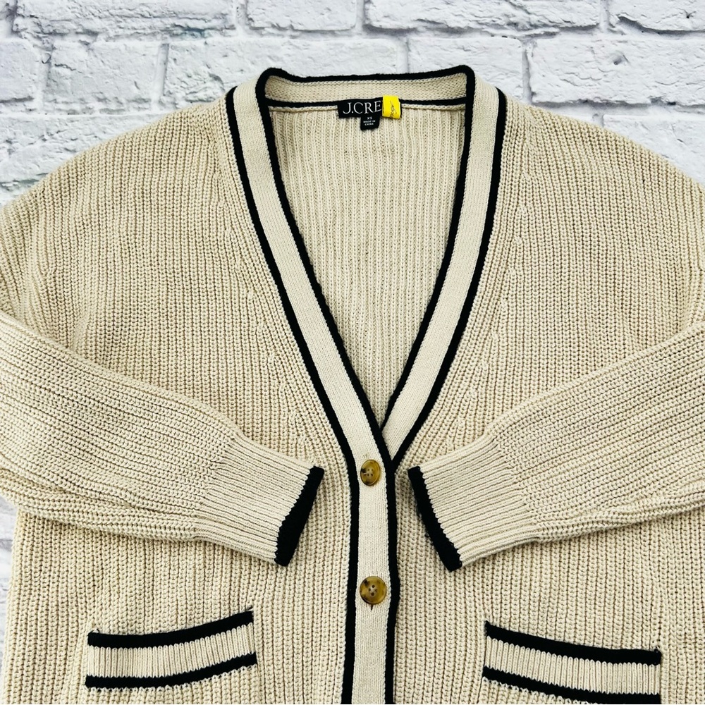 J. Crew Cream Cardigan Sweater Cream Black Chunky Knit Ribbed Size XS - Picture 2 of 8
